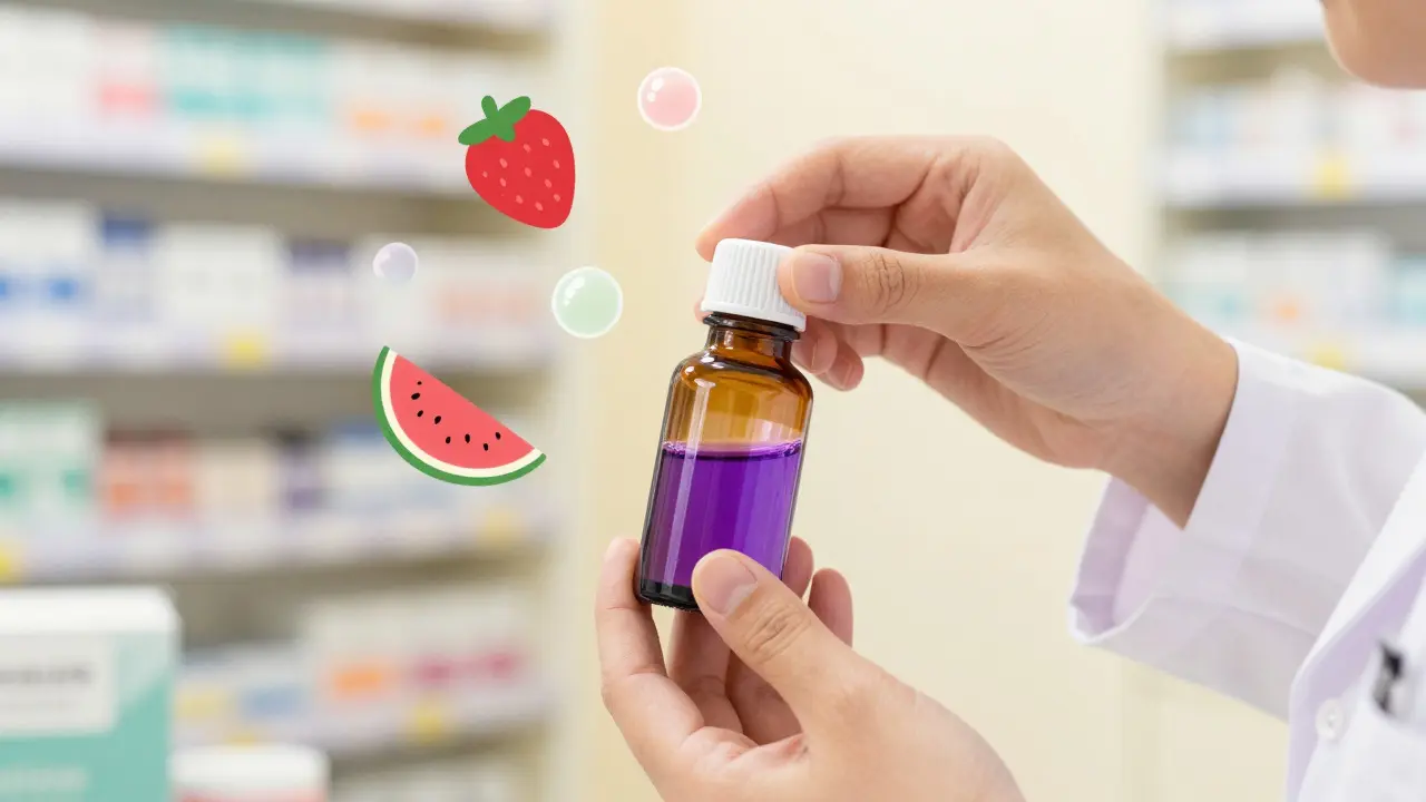 Pharmacist adding colorful flavor to medicine bottle