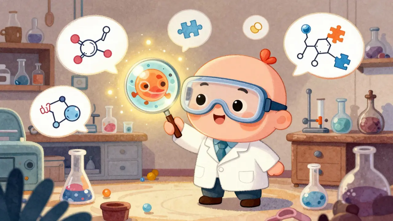Scientist examining complex molecule