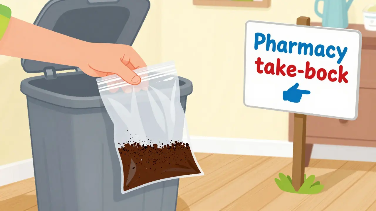 Sealed bag with coffee grounds and expired meds ready for trash disposal
