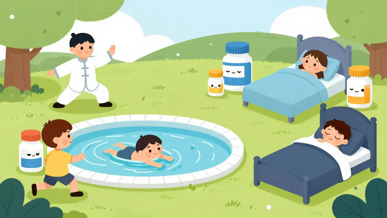Cartoon characters practicing tai chi, swimming, and sleeping to manage fibromyalgia