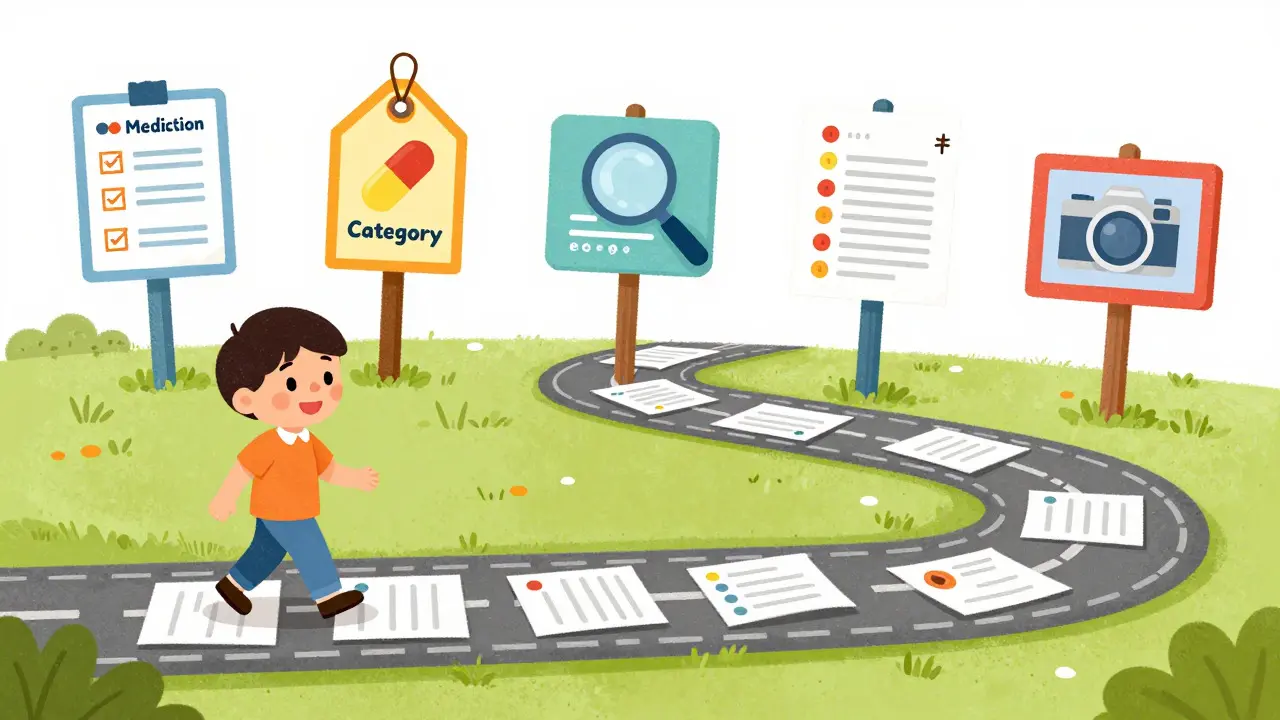 Cartoon guide showing the five steps for sending a clear medication message via portal