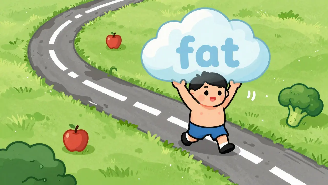 Cartoon illustration of a person shedding a cloud of weight to reveal a healthier self on a green path