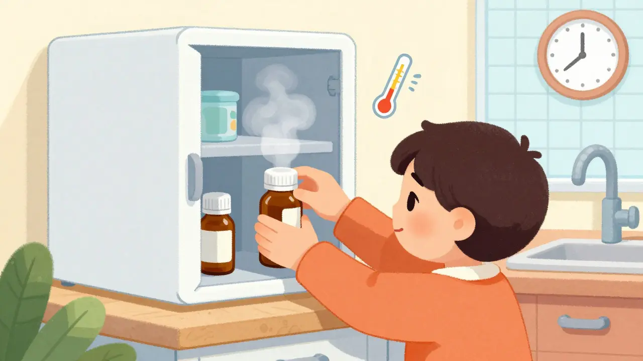 Cartoon style image showing proper storage of medication in a cool cabinet