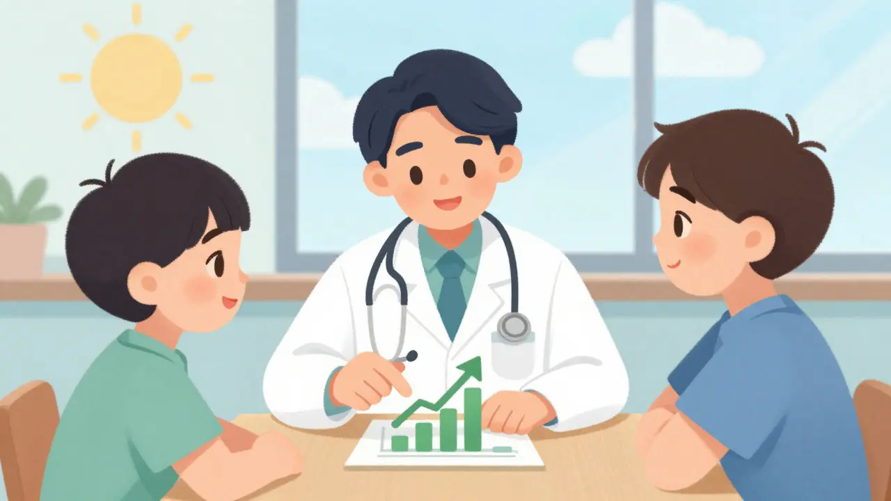 Doctor and patient reviewing a positive health trend together in a friendly, colorful setting