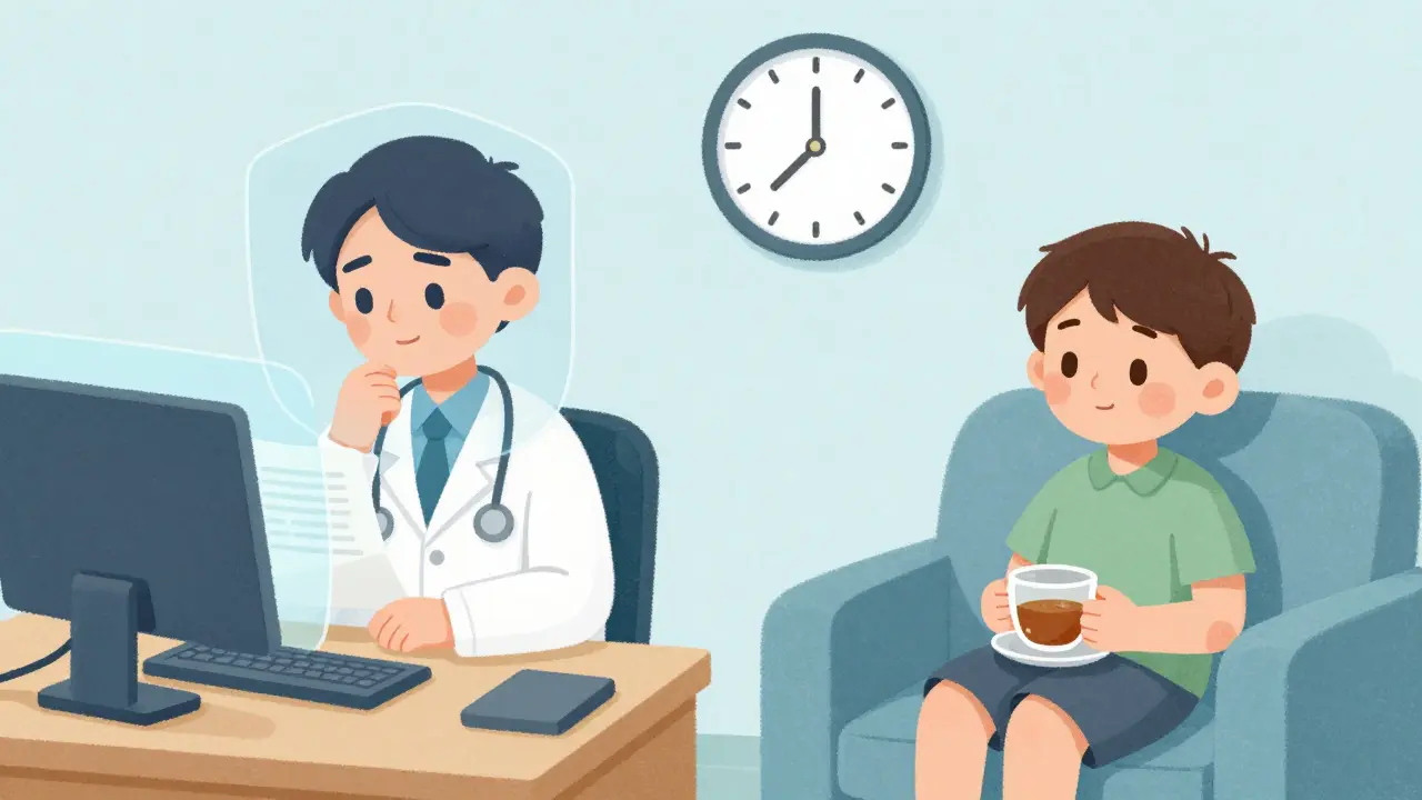 Doctor reviewing a secure message while a patient waits calmly at home