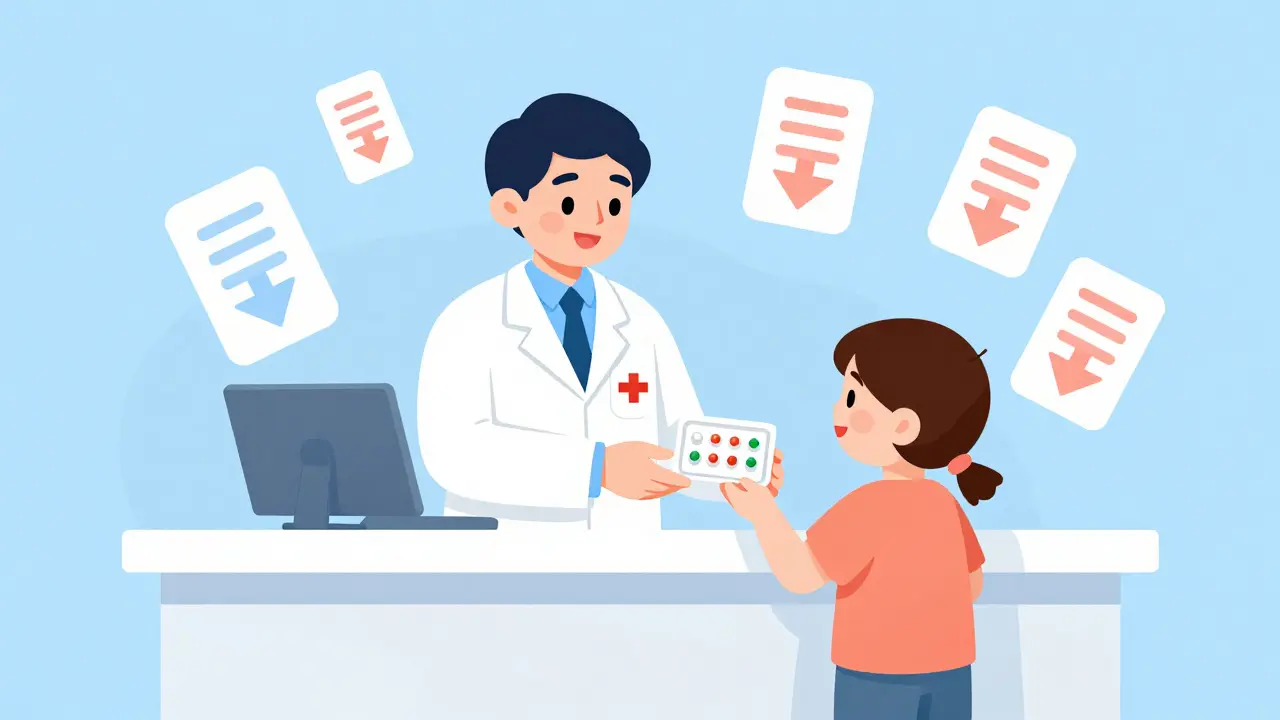 Friendly pharmacist handing discounted generic pills to a customer