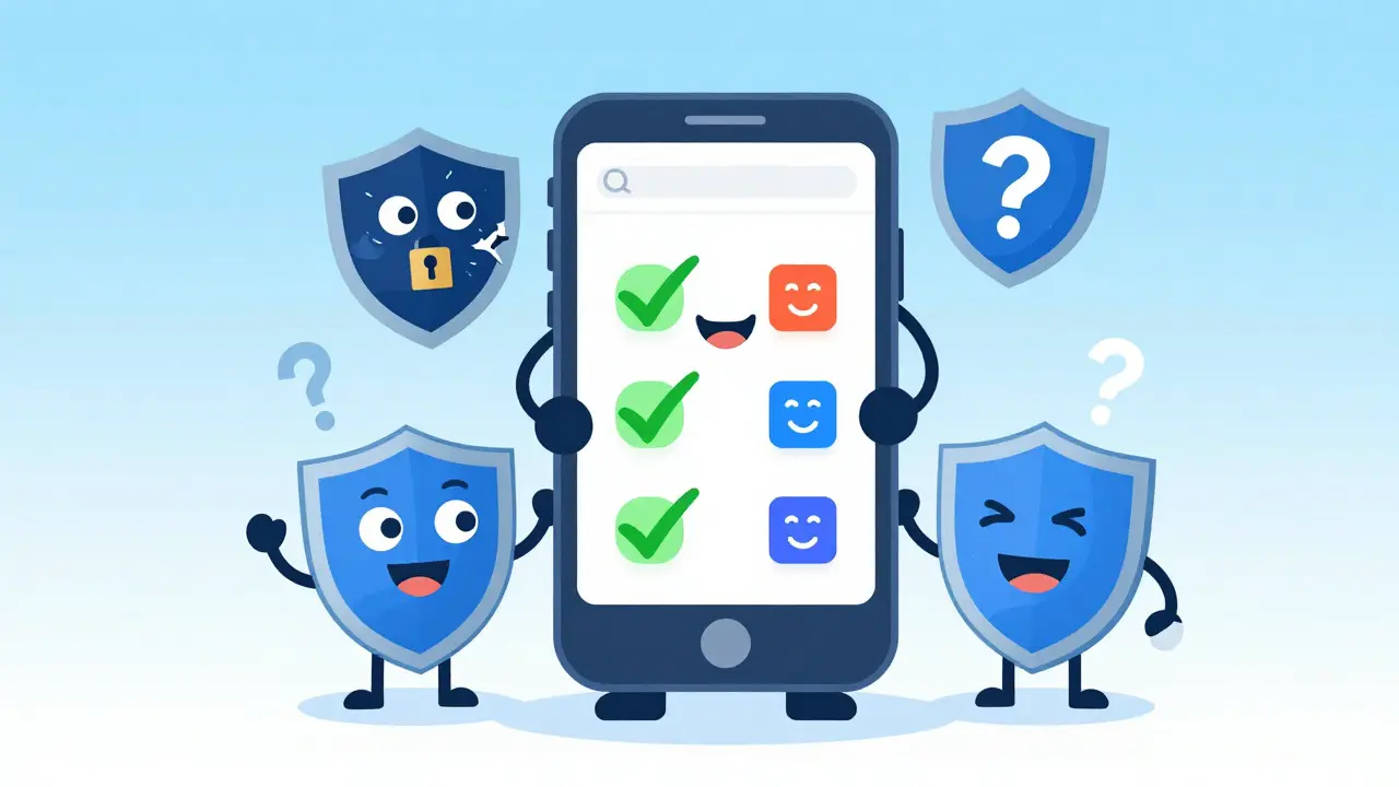 Friendly smartphone blocking scam monsters with safety shields in cartoon style