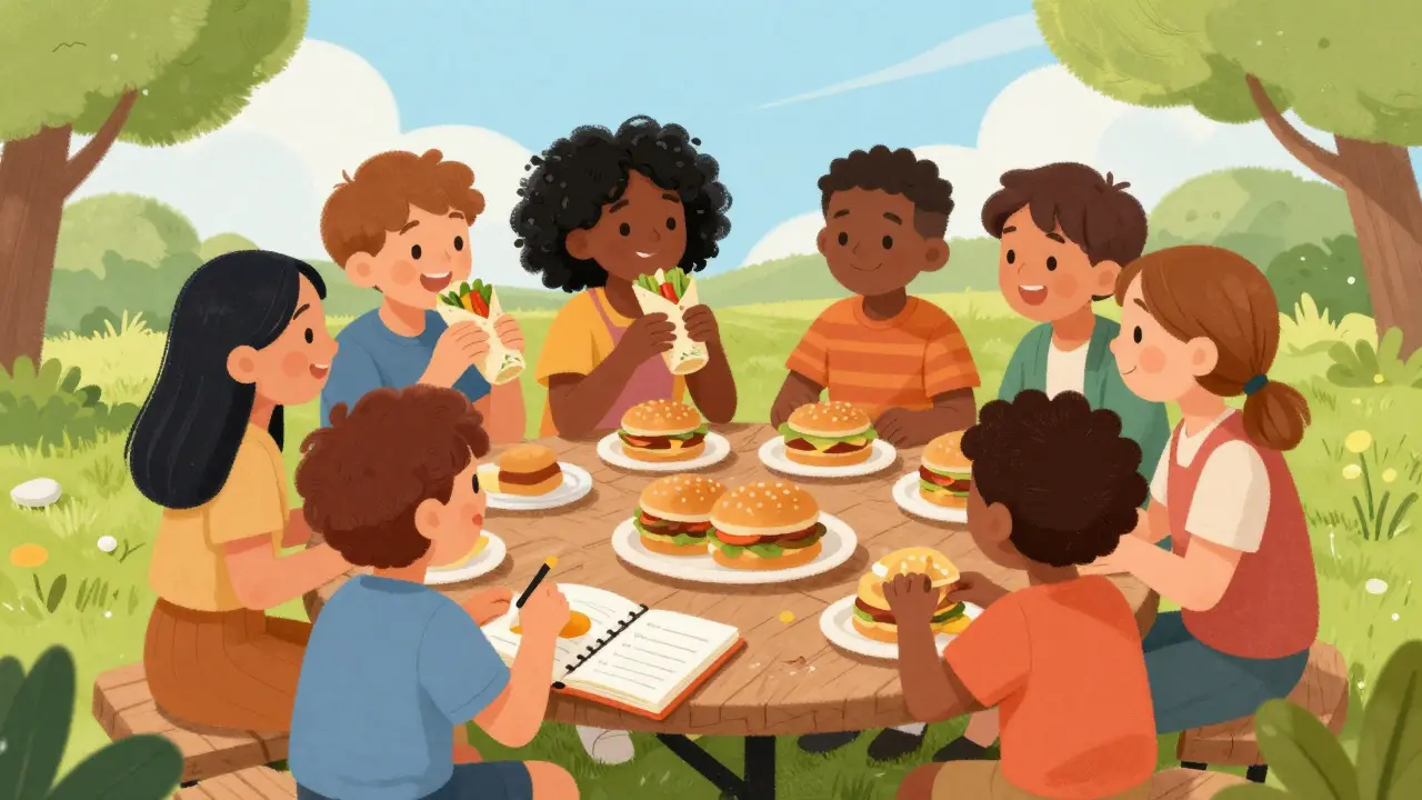 Friends sharing a meal where one eats a veggie wrap, highlighting social support