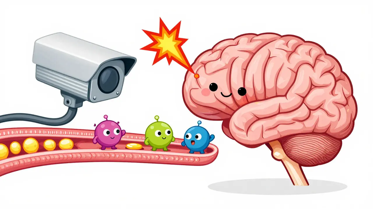 Illustration of a brain and nervous system as a security system with neurotransmitters adjusting pain levels