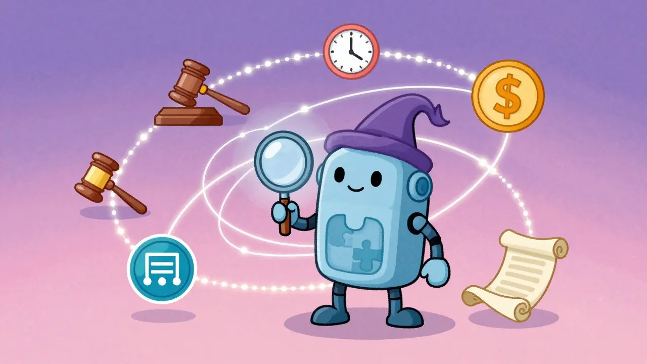 Illustration of a robot analyzing various data icons