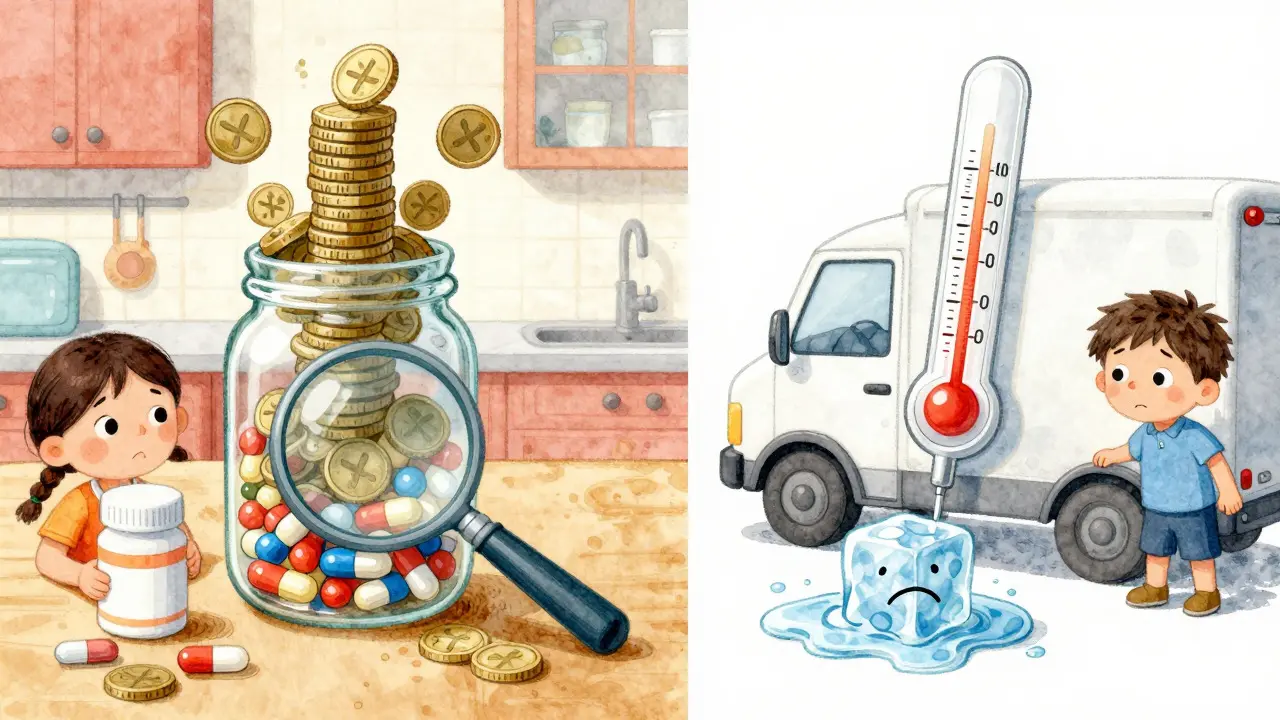 Illustration of hidden price markups and heat-damaged medicine packages.