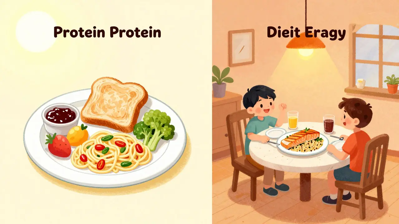 Illustration showing low-protein daytime meals and high-protein evening dinner