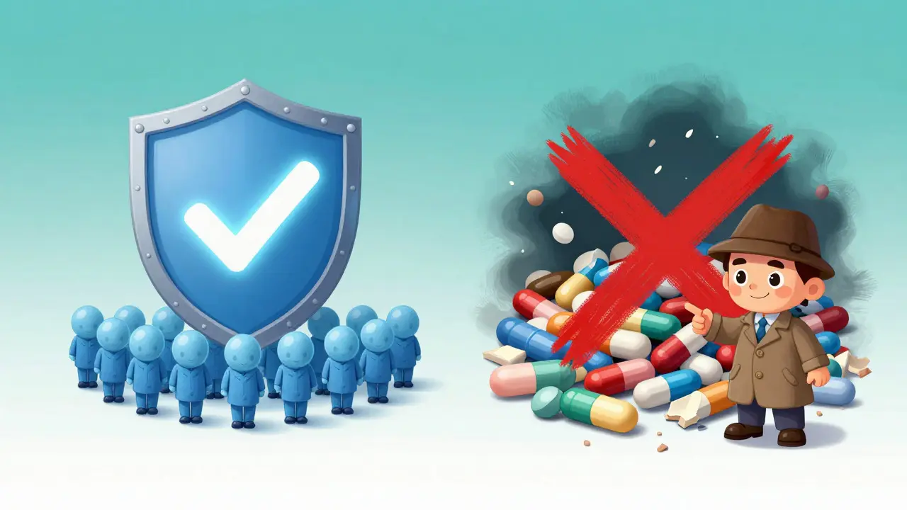 Illustration showing verified safe pills versus fake counterfeit drugs
