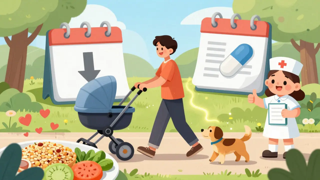 Person walking in a park after eating healthy food during medication taper