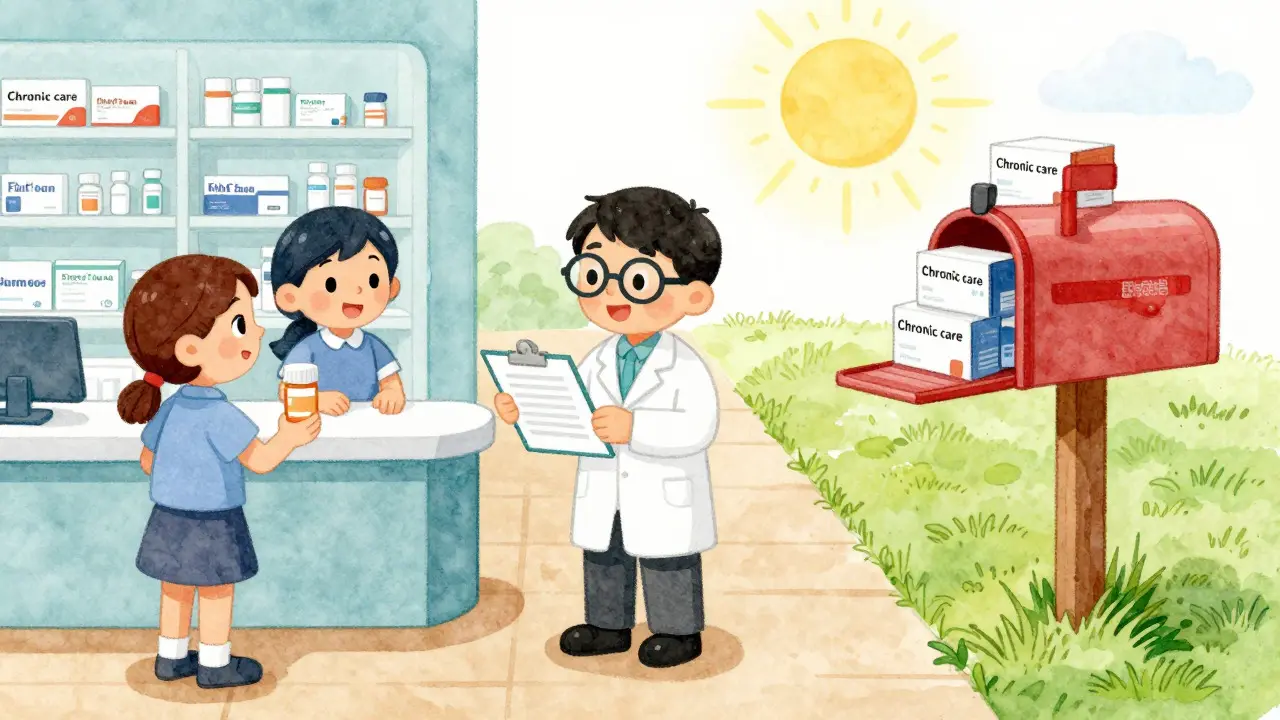 Pharmacist guiding patients to choose between retail and mail-order options.