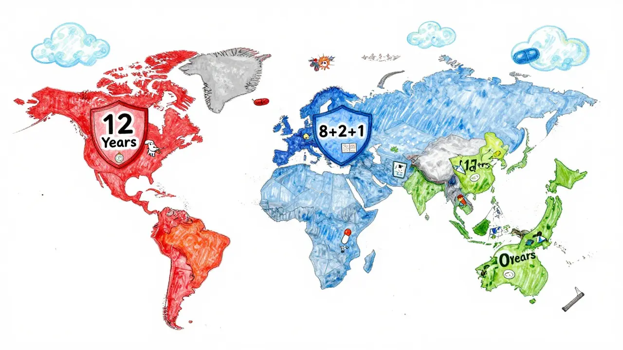 Playful map illustration comparing regulatory exclusivity periods in the US, EU, and Japan with colorful shields.