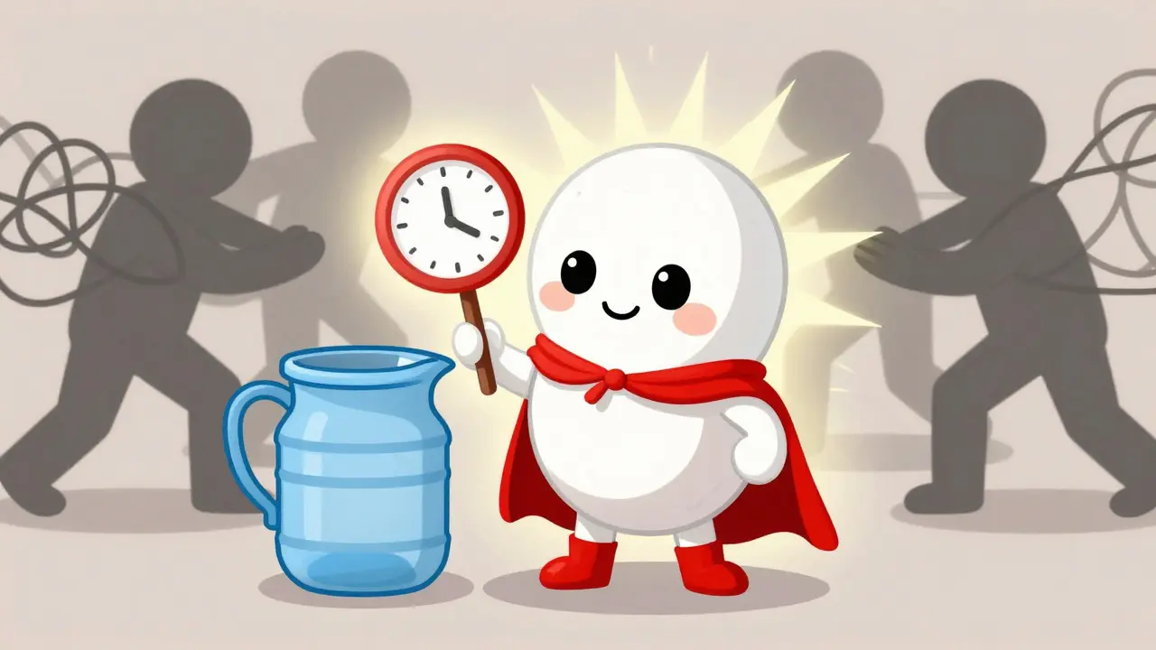 Superhero pill character fighting off side effect shadows with a water pitcher