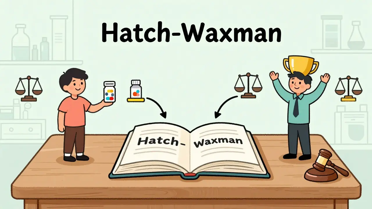 Whimsical drawing showing the balance between generic access and innovation incentives via the Hatch-Waxman Act.