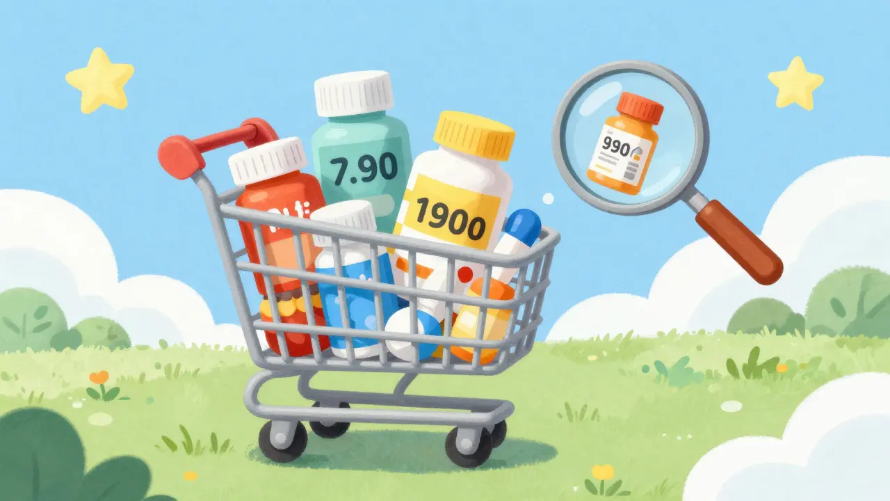 Whimsical illustration of an online shopping cart filled with medicine bottles
