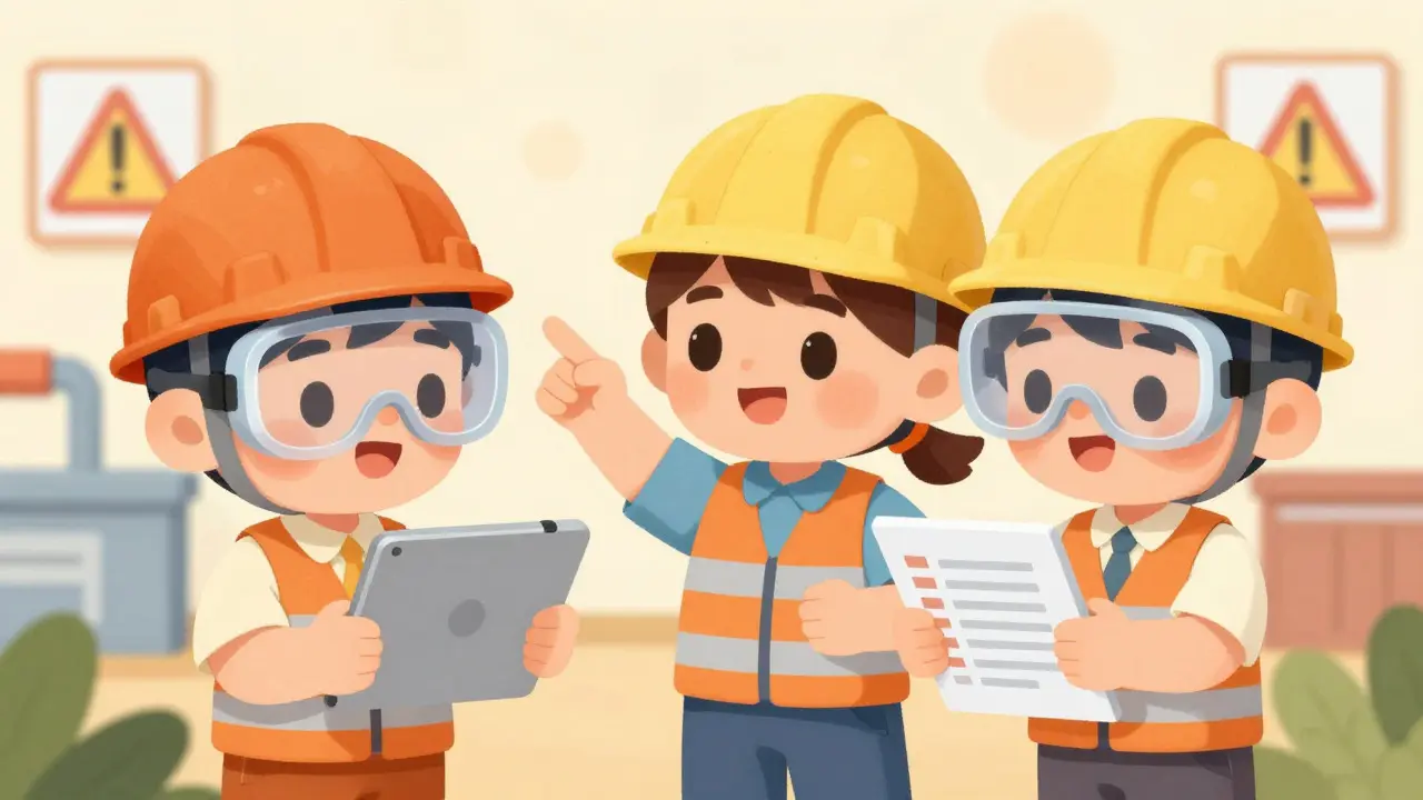 Workers in safety gear learning digital skills on tablets