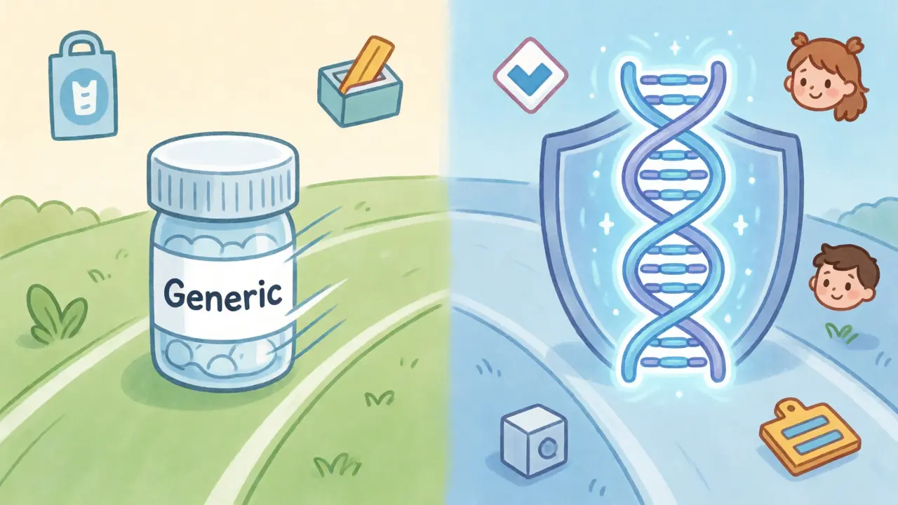 Illustration comparing simple generic drugs with complex biosimilars