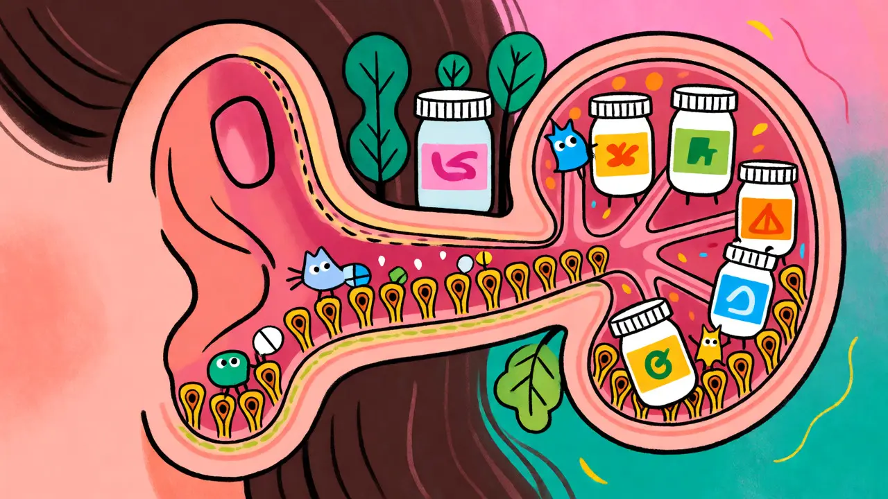 Whimsical cross-section of an inner ear showing pills damaging hair cells