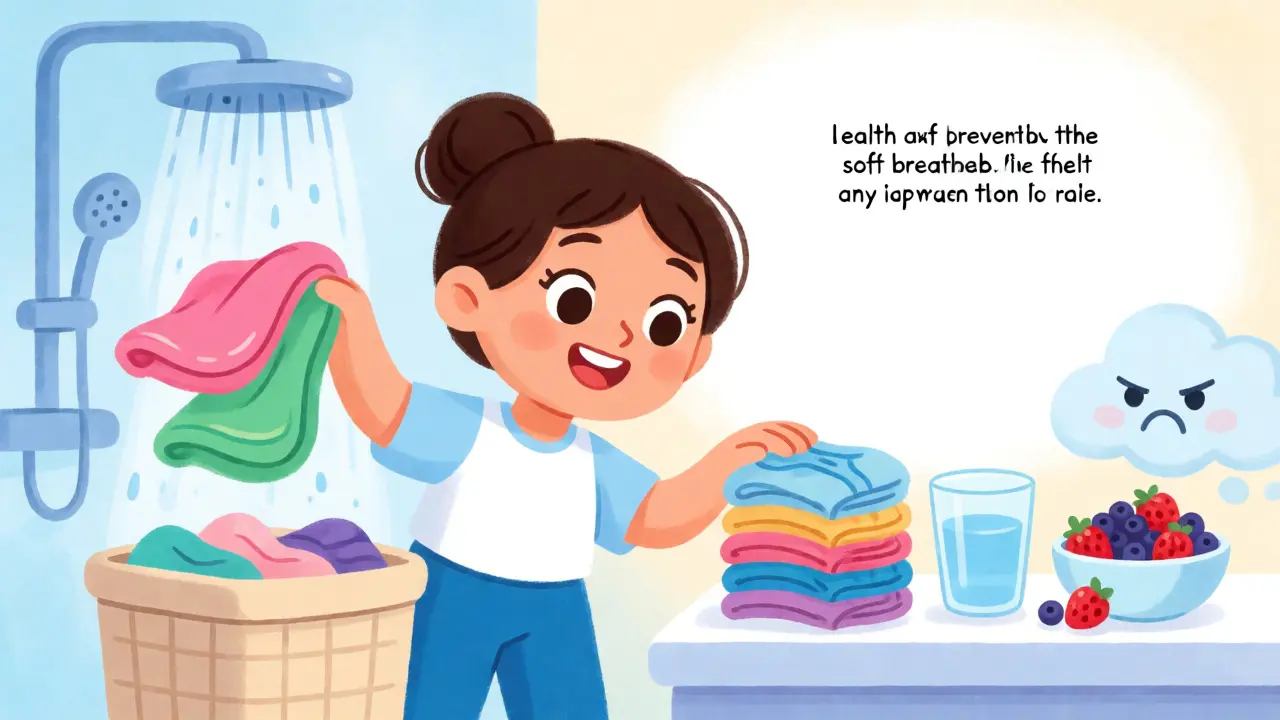 Woman choosing cotton underwear and healthy habits in a bright bathroom