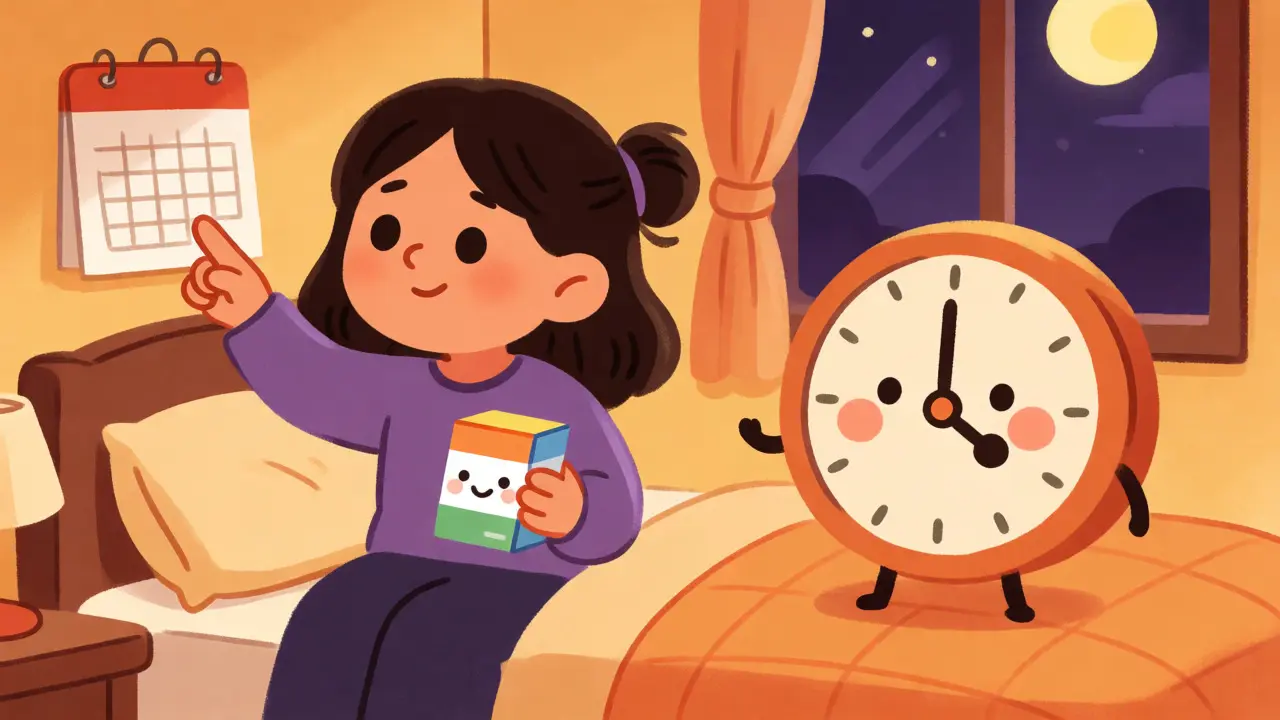 Woman taking OTC medication at bedtime with a clock emphasizing full treatment